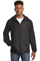 Sport-Tek ® Heather Colorblock Raglan Hooded Wind Jacket. JST40